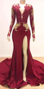 Long Sleeves Mermaid High Split Backless Prom Dress With Lace Appliques