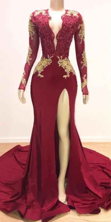 Long Sleeves Mermaid High Split Backless Prom Dress With Lace Appliques