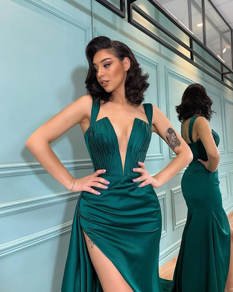 Dark Green Mermaid Evening Dress with Slit BM bride