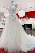Beautiful Strapless Long A-Line Tulle Ivory Wedding Dress with Lace Appliques BM bride