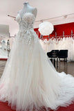 Beautiful Strapless Long A-Line Tulle Ivory Wedding Dress with Lace Appliques BM bride