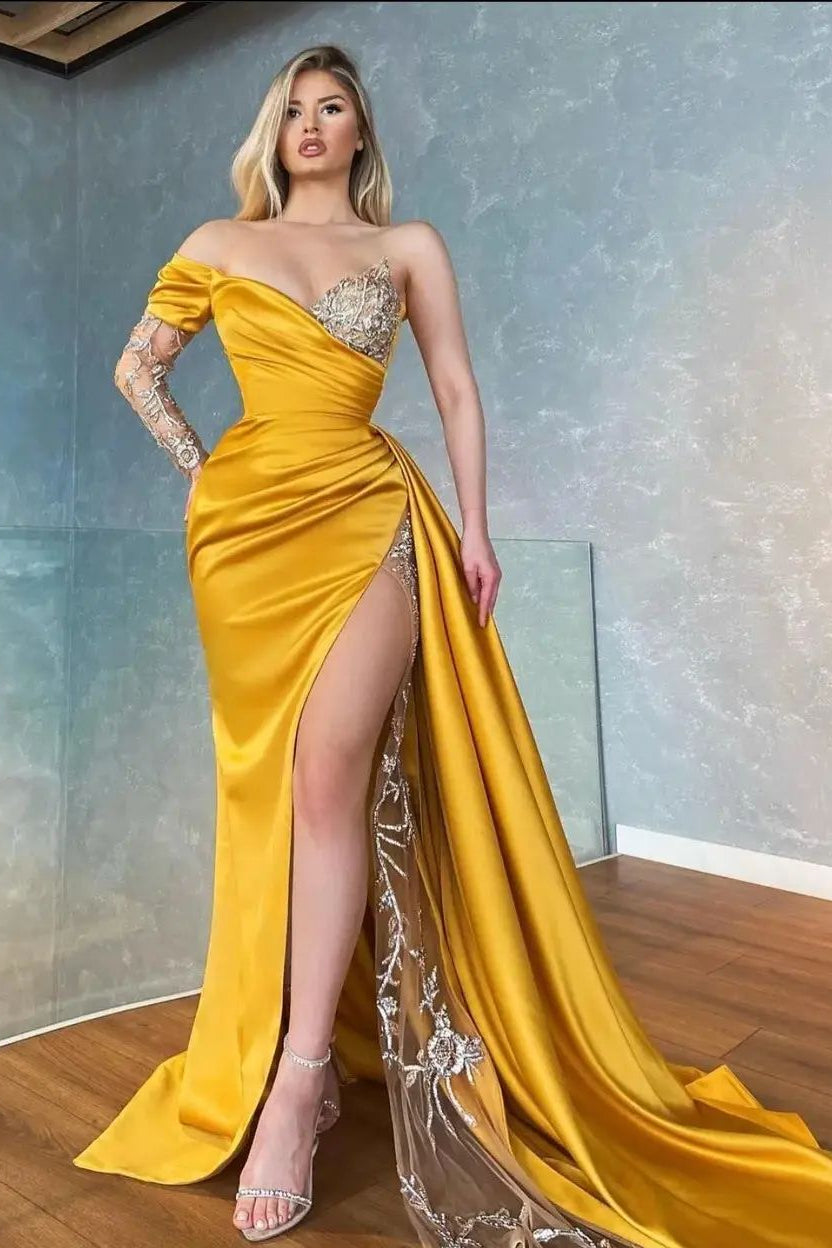 Yellow Long Sleeve Sweetheart Mermaid Applique Prom Dress with Ruffles BM bride