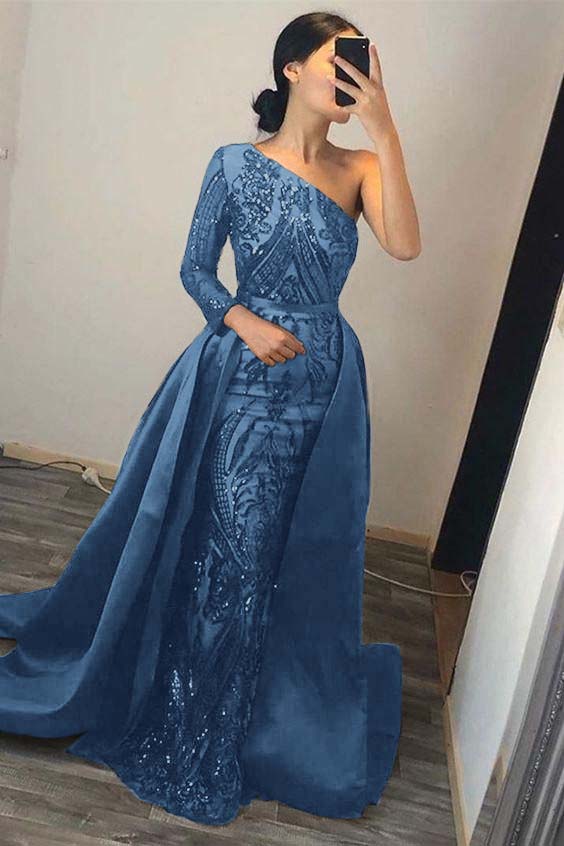 Dark Green Overskirt One Shoulder Long Sleeve Mermaid Prom Dress With Sequins BMBRIDE