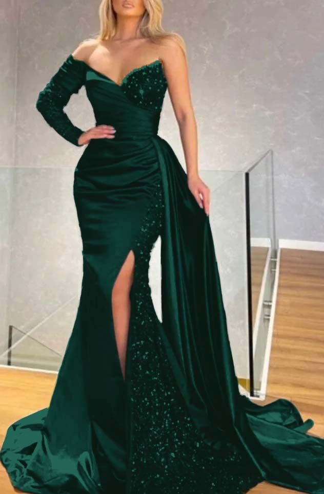 Long Sleeve Strapless Long Split Prom Dress With Pleated Sequins BMBRIDE