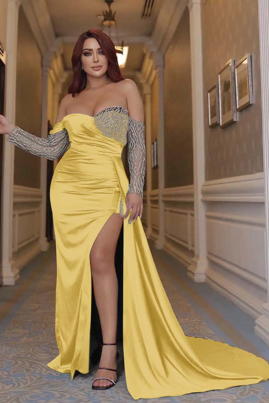 Sexy Emerald Green Off the Shoulder Long Sleeves Mermaid Prom Dress With Beading Split BMBRIDE