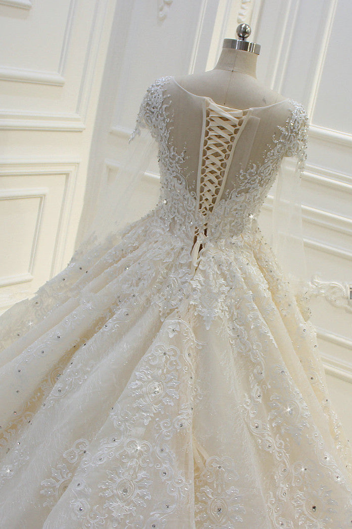 Bateau Long Sleeve Beaded Ball Gown Wedding Dress with Lace Appliques BM bride