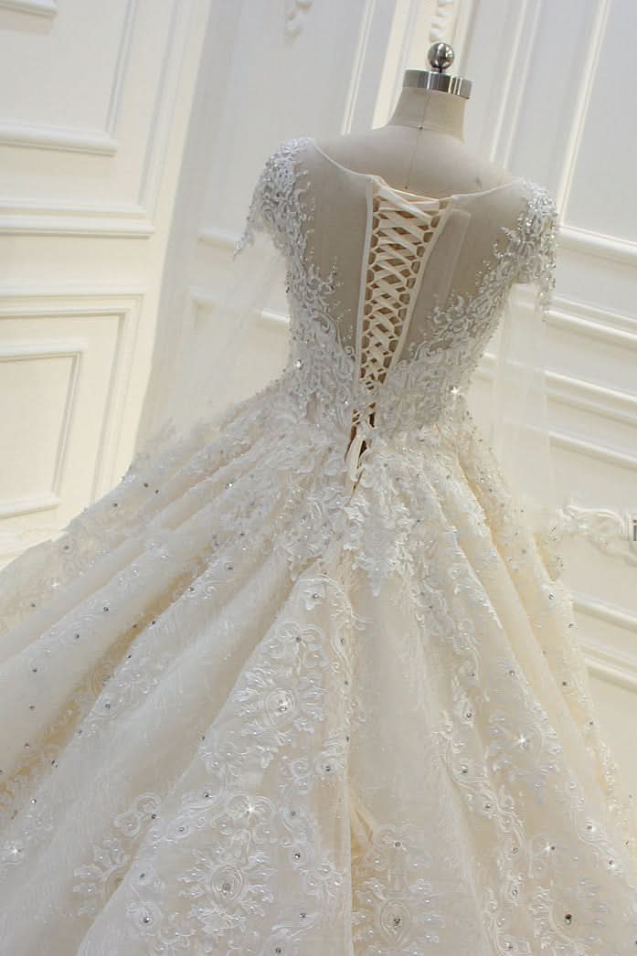 Bateau Long Sleeve Beaded Ball Gown Wedding Dress with Lace Appliques BM bride