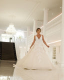 Sexy A-Line Deep V-Neck Spaghetti Strap Floor-Length Backless Wedding Dress with Lace Appliques BM bride