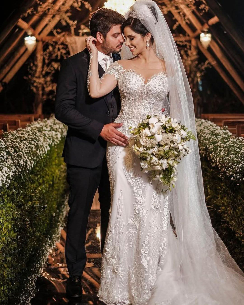 Jewel Off-the-Shoulder Long Sleeve Mermaid Wedding Dress with Lace Appliques BM bride