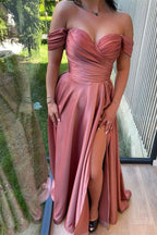 Glorious Dusty Pink Off-The-Shoulder Evening Front Split Prom Dress with Sweetheart Neckline BM bride