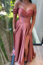 Dusty Pink Off the Shoulder Sweetheart Glorious Prom Front Split Prom Dress