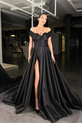 Off-the-Shoulder Black Beaded A-Line Prom Dress with Split BM bride