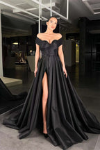 Off-the-Shoulder Black Beaded A-Line Prom Dress with Split BM bride