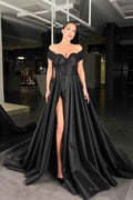 Black Long Off the Shoulder Beadings Prom Dress A Line With Front Split