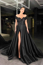 Black Long Off the Shoulder Beadings Prom Dress A Line With Front Split