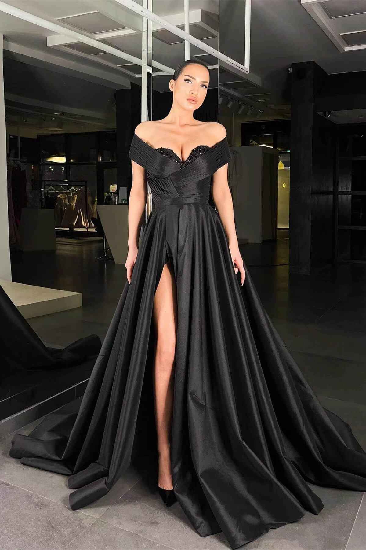Black Long Off the Shoulder Beadings Prom Dress A Line With Front Split