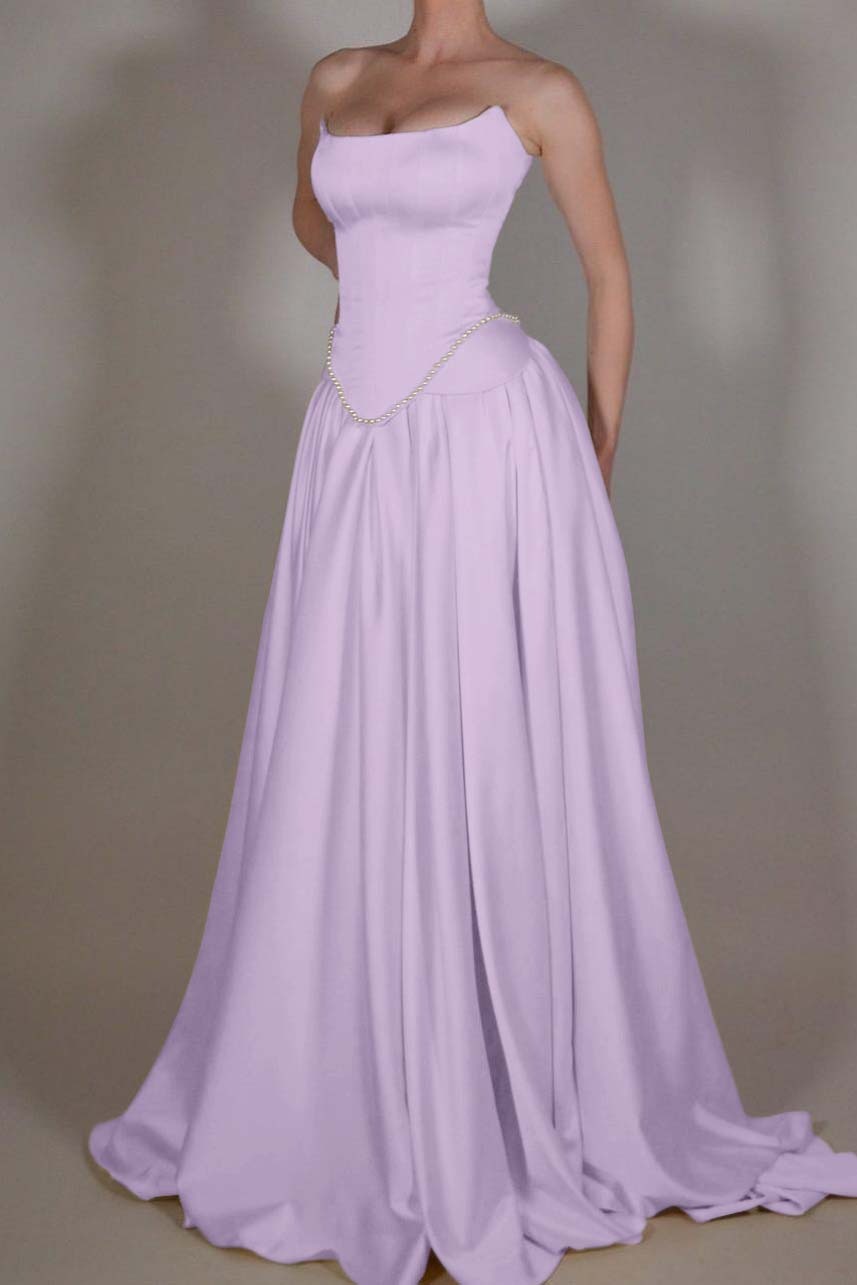 Strapless Sleeveless Long A Line Prom Dress With Pleated Beading BMBRIDE