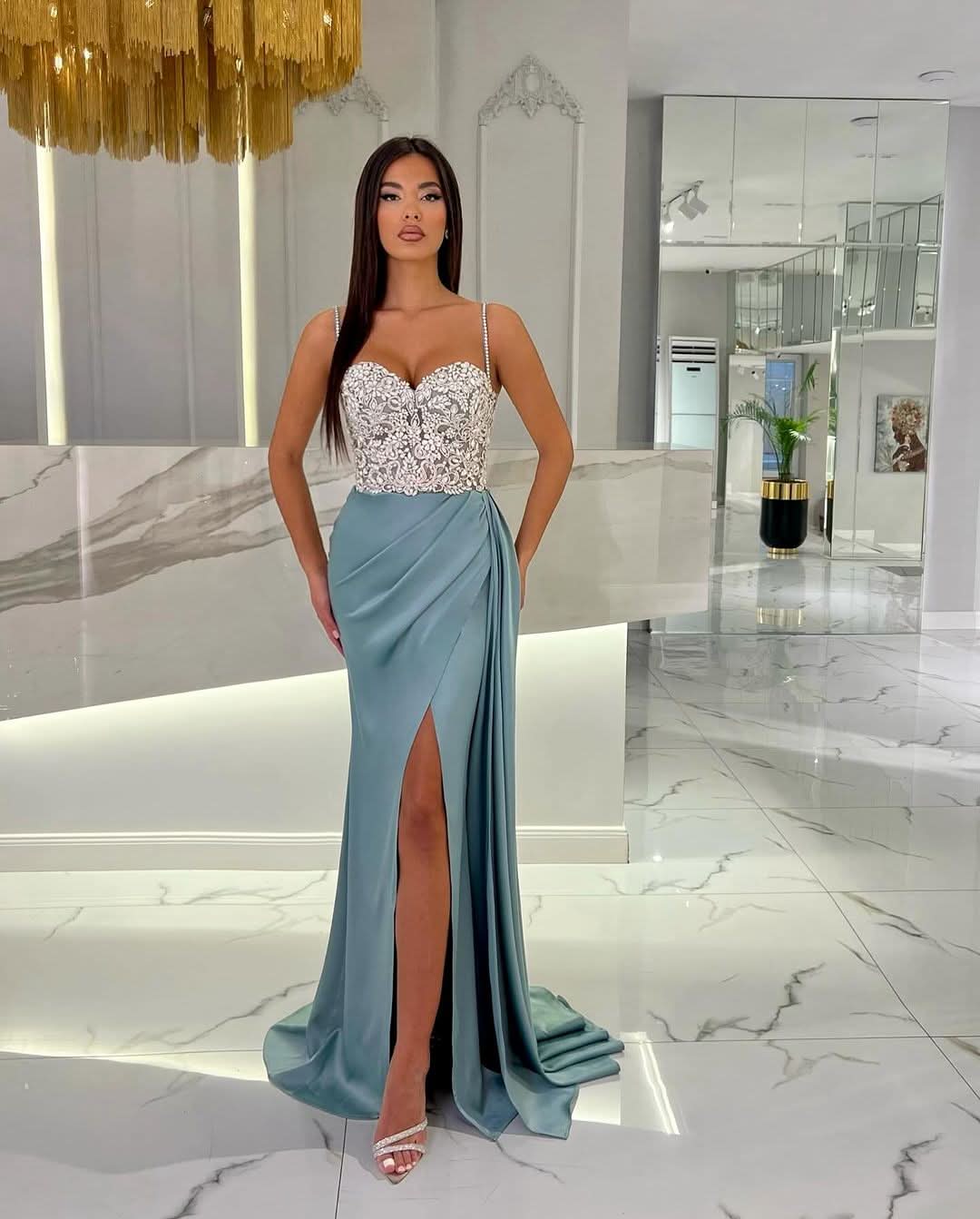 Baby Blue Prom Dress with High Slit, Spaghetti Strap Sweetheart Appliques BM bride