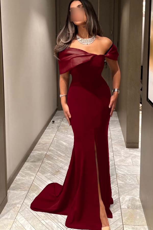 Off the Shoulder Sleeveless Long Mermaid Prom Dress With Pleated BMBRIDE