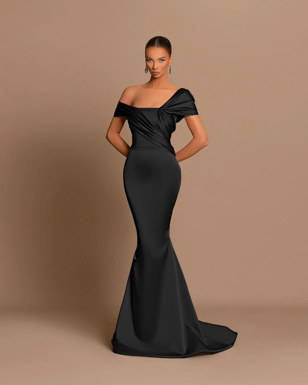 Grey Off-The-Shoulder Bateau Pleated Ball Gown Evening Dress BM bride