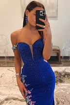 Exquisite Royal Blue Off-the-Shoulder Beaded Long Prom Dress with Beautiful Appliques BM bride
