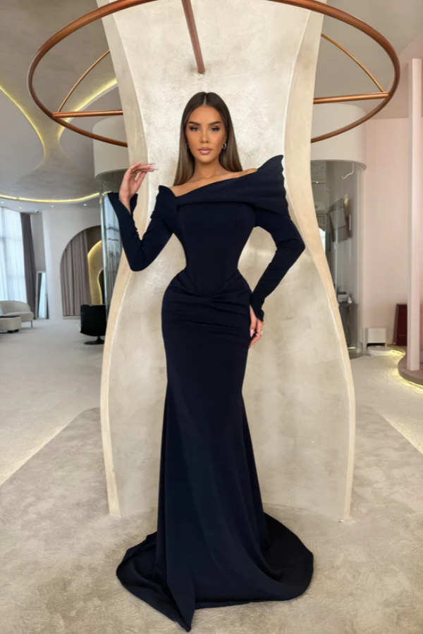 Off the Shoulder Long Sleeves Long Mermaid Prom Dress With Pleated BMBRIDE