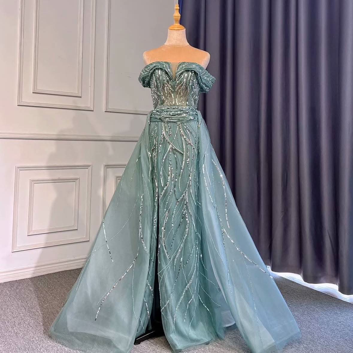 Stunning Sky Blue A-Line Split Evening Dress with Off Shoulder Design BM bride