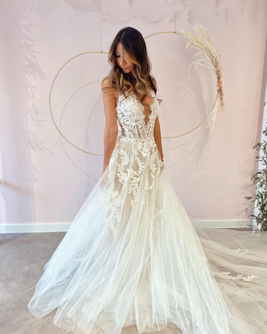 A-Line Deep V-neck Backless Wedding Dress With Appliques Lace Tulle BM bride