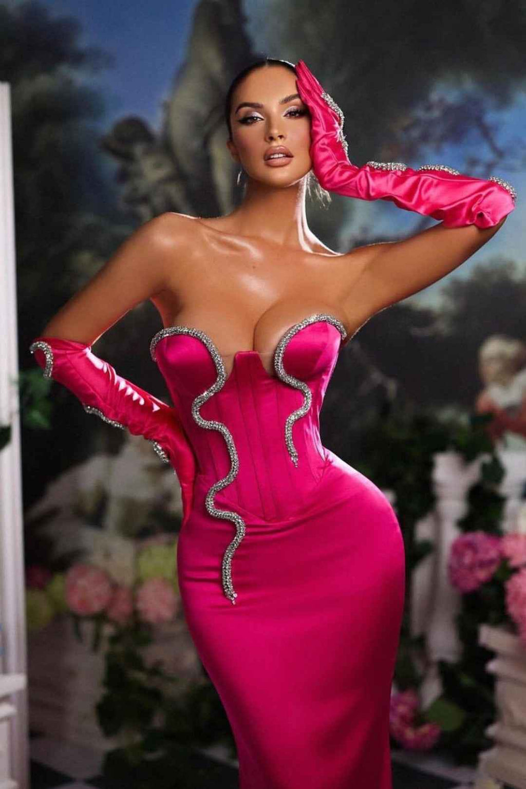 Fuchsia Prom Dress Mermaid Half Sleeves Strapless Gown With Gloves