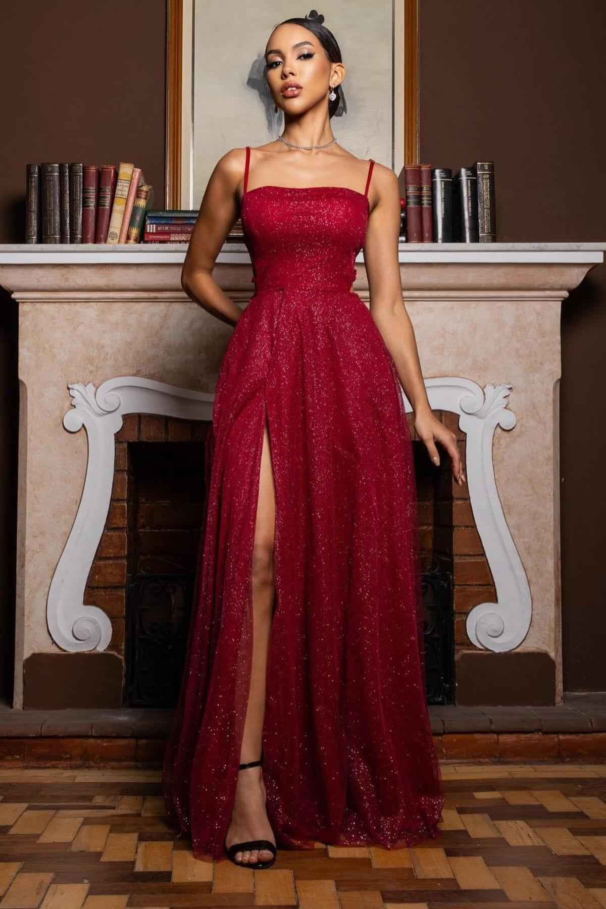 Sequins Spaghetti Strap Sleeveless Long Prom Dress With High Split