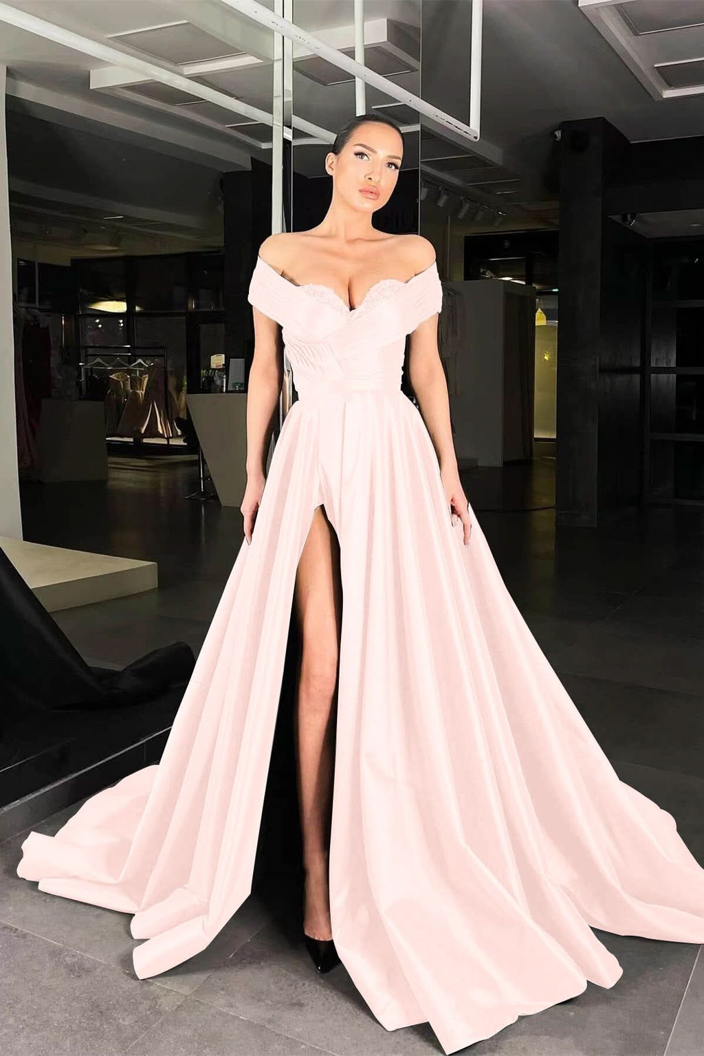 Off-the-Shoulder Black Beaded A-Line Prom Dress with Split BM bride