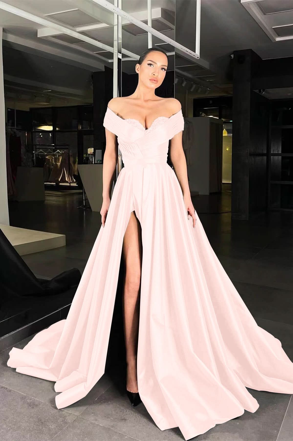 Off-the-Shoulder Black Beaded A-Line Prom Dress with Split BM bride