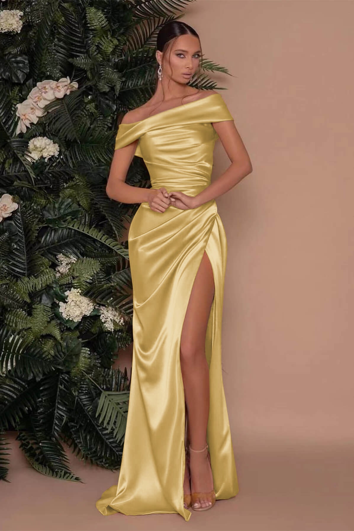 Champagne Off-The-Shoulder Charmeuse Prom Dress with Split Mermaid BM bride
