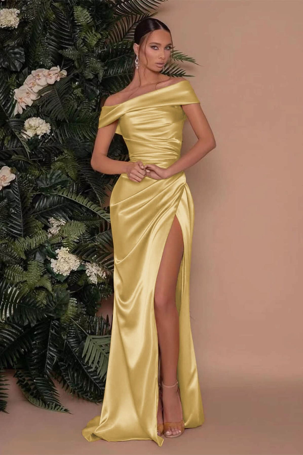 Champagne Off-The-Shoulder Charmeuse Prom Dress with Split Mermaid BM bride