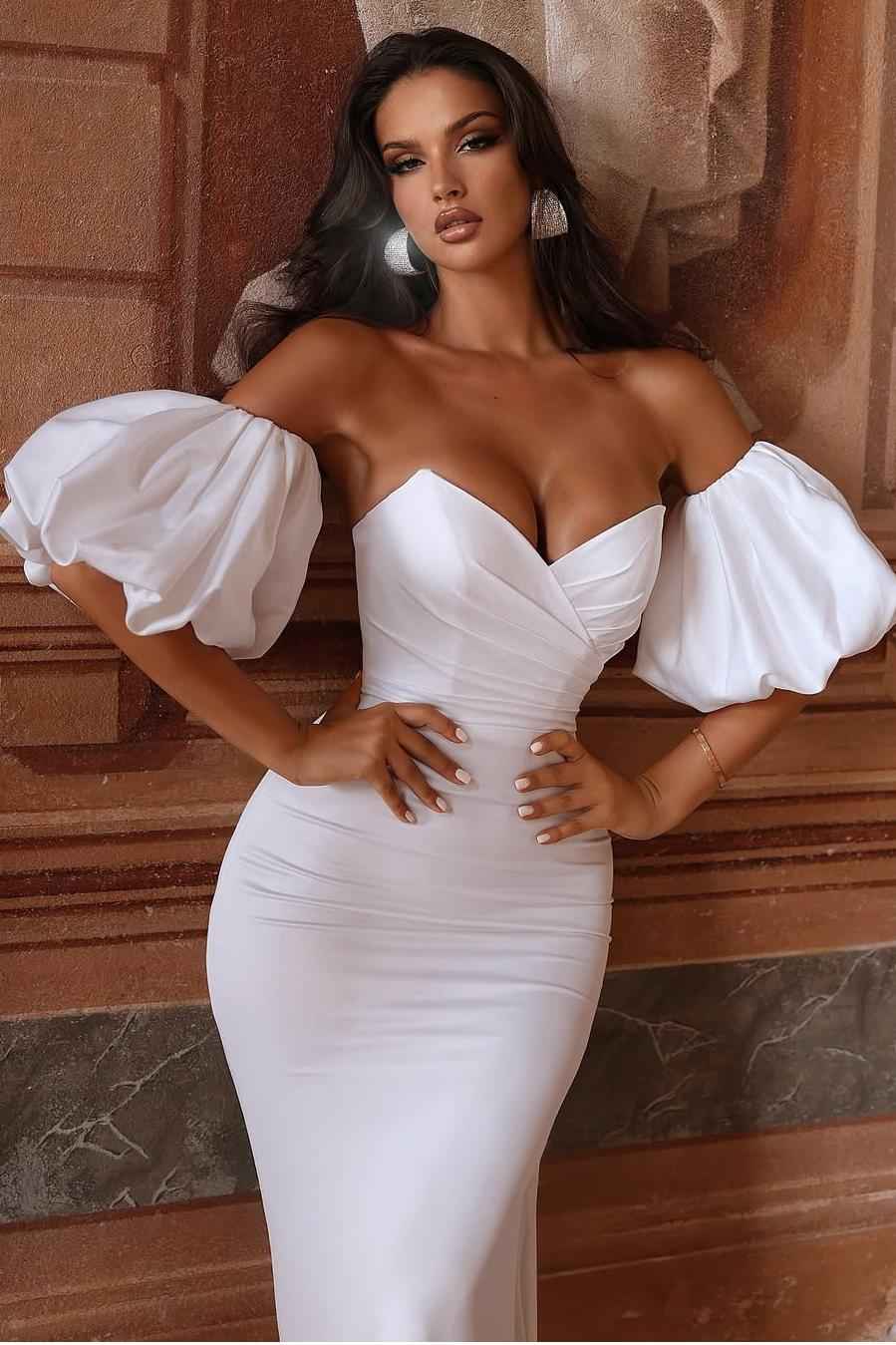Strapless Bubble Sleeves Long Mermaid Prom Dress With Pleated