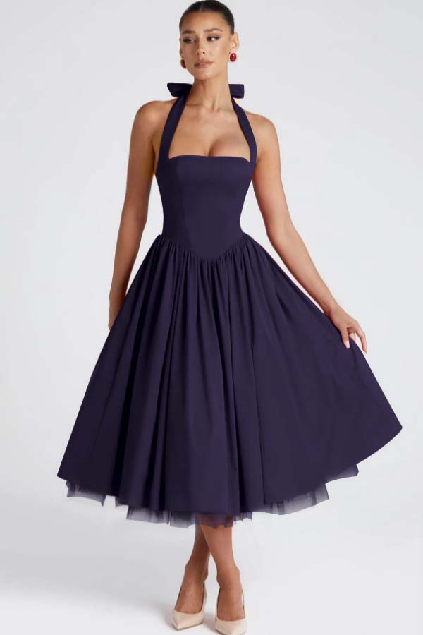 Halter Sleeveless Long A Line Prom Dress With Pleated Tulle BMBRIDE