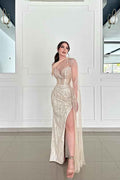 Champagne Sweetheart Sleeveless Beadings Long Prom Dress With Side Split