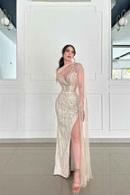 Champagne Sweetheart Sleeveless Beadings Long Prom Dress With Side Split