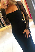 Glamorous Black Square Long Sleeves Lace Mermaid Prom Dress With Pleated