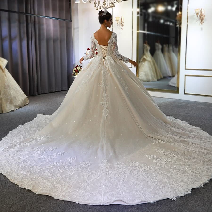 Classy Train A-Line Sweetheart Backless Long Sleeve Wedding Dress with Lace Appliques and Sequins BM bride