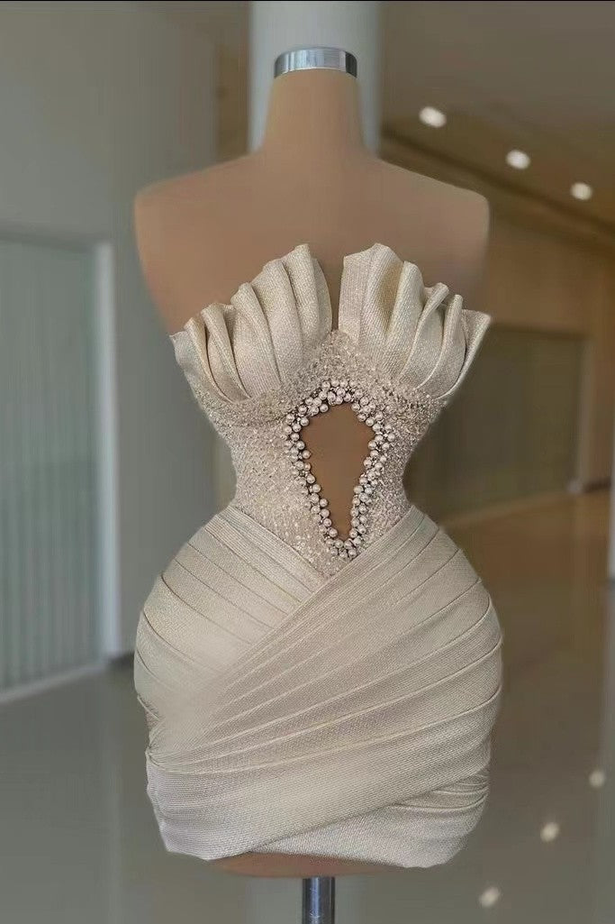 Off-White Strapless Prom Dress Evening Dress with Short Pleats and Beading BM bride
