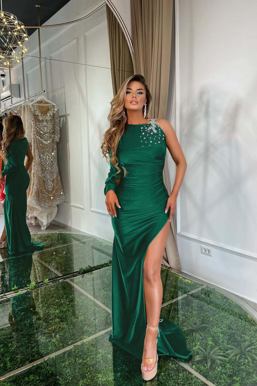 Green Satin With Split Prom Dress One Shoulder One Long Sleeve BMBRIDE