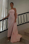 Charming Pink Sequins Sleeveless Strapless Prom Dress With Bowknot