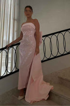 Charming Pink Sequins Sleeveless Strapless Prom Dress With Bowknot