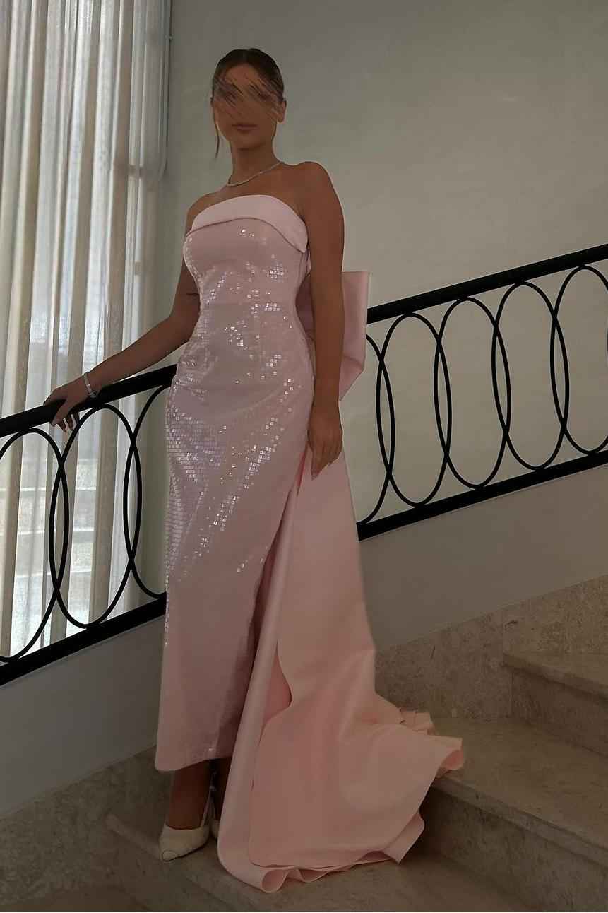 Charming Pink Sequins Sleeveless Strapless Prom Dress With Bowknot