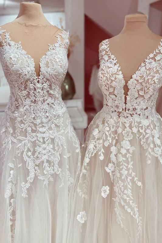 Deep V-Neck A-Line Lace Floor-Length Wedding Dress with Tulle Appliques BM bride