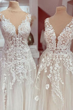 Deep V-Neck A-Line Lace Floor-Length Wedding Dress with Tulle Appliques BM bride