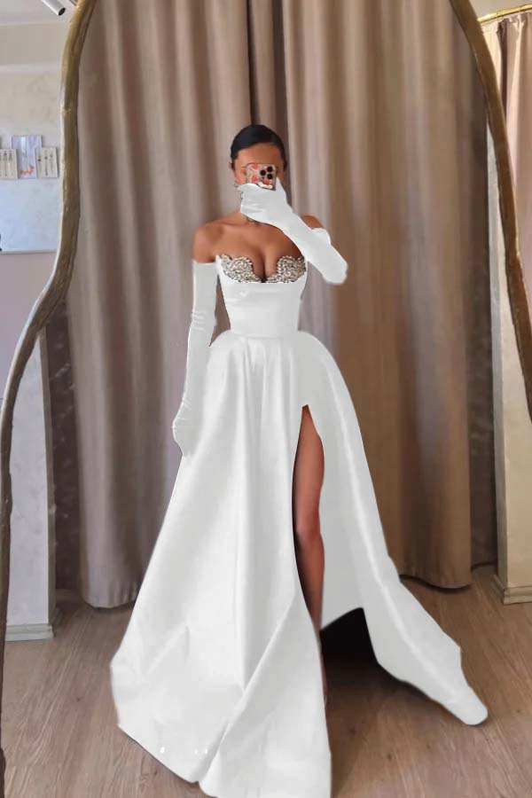 Strapless Sleeveless Long Split Prom Dress With Beading Long Gloves BMBRIDE