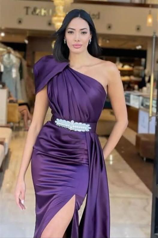 Dark Purple One-Shoulder Long Ruffle Mermaid Prom Dress with Belt BM bride