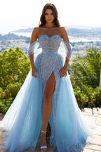 Off-the-Shoulder Sky Blue Prom Dress with Sequins and Slit BM bride